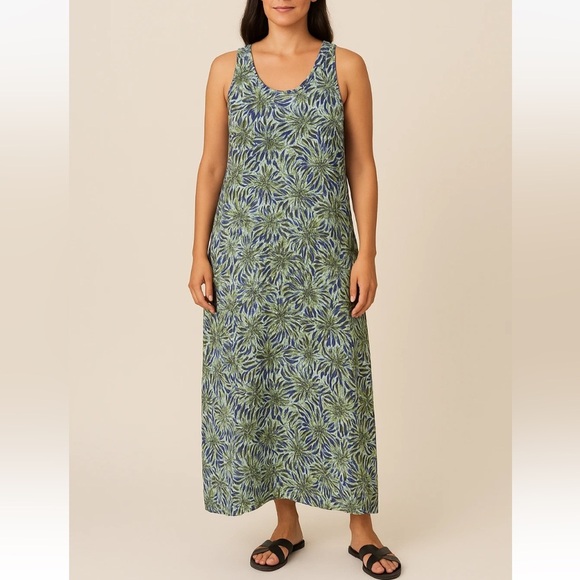 FLAX by Jeanne Engelhart Green Floral Bug Print Linen Tank Dress Women’s Small - Picture 1 of 7